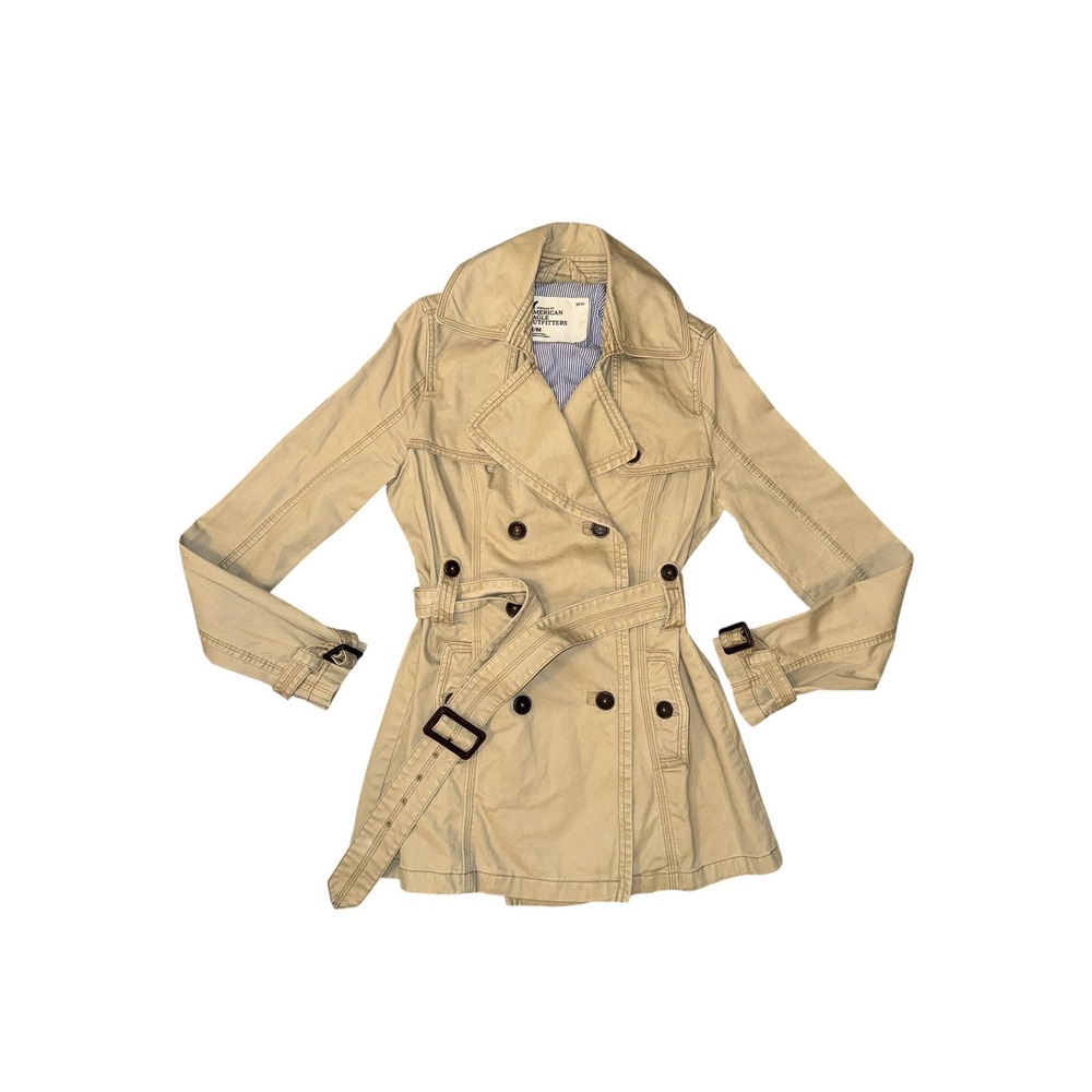 American Eagle Trench Coat Womens Medium Tan Good Belted Double Breasted Khaki